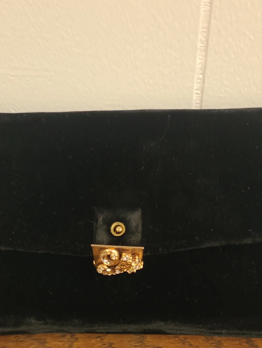 Garay Vintage Black Velvet Evening Clutch with Gold Tone Clasp and Embellishment